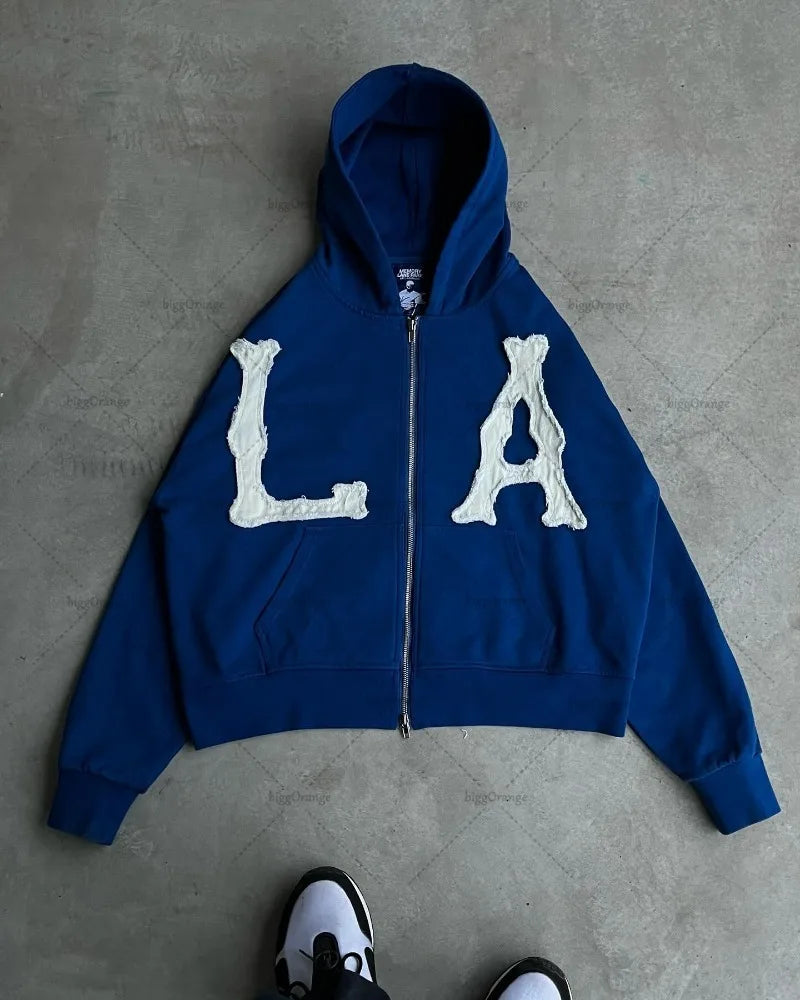 American Street Zipper Hoodie Men Harajuku Letters High Street All-match Casual Jacket Embroidered Oversized Sweatshirt Women Street King Limited