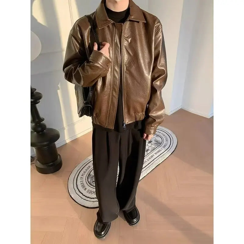 new retro short pu leather jacket mens brown japanese hip hop bomber coats motorcycle punk trend windbreaker y2k streetwear relaxed fit shorts