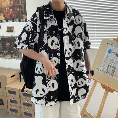Streetwear Summer Panda Printed Shirts For Men Casual Loose Short Sleeved Camisas Summer Panda Printed Shirts For Men Casual Loose Short Sleeved Camisas Couples Streetwear Fashion Tee Shirt Luxury Social Shirt Fashion Sweater Jacket With Graphic Design For Men