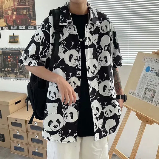 Streetwear Summer Panda Printed Shirts For Men Casual Loose Short Sleeved Camisas Summer Panda Printed Shirts For Men Casual Loose Short Sleeved Camisas Couples Streetwear Fashion Tee Shirt Luxury Social Shirt Fashion Sweater Jacket With Graphic Design For Men