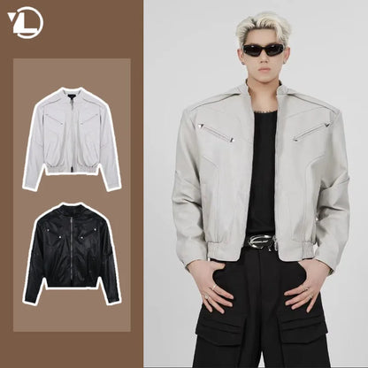 short pu leather jacket men shoulder pad stand collar trend bomber outwear 2023 korean streetwear zipper unisex motorcycle coat summer street shorts