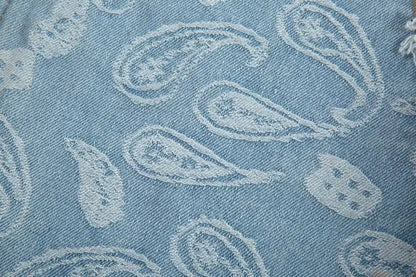 vintage high street washed light blue flared jeans cashew flower jacquard pattern rough edge jeans pants for men and women unique jeans style 931