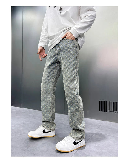 Men Wide Leg Denim Pants High Street American Retro Jacquard Loose Straight Jeans Y2K Fashion Streetwear Baggy Trousers Street King Limited