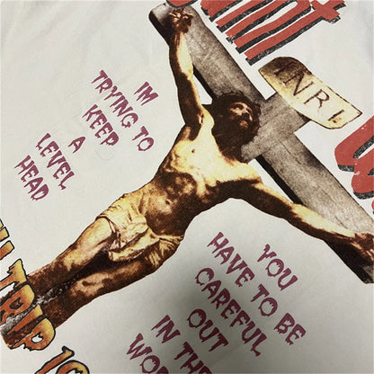 24SS New Vintage Retro Cross Printing Washed Distressed Short Sleeves T-Shirt Tops Street King Limited