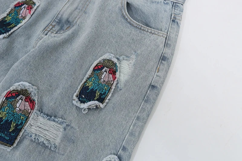 retro patch embroidered pleated jean for men street wear washed destroyed straight patchwork ripped jeans pants baggy hip hop unique jeans style 85
