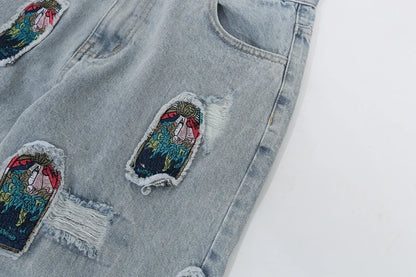 retro patch embroidered pleated jean for men street wear washed destroyed straight patchwork ripped jeans pants baggy hip hop unique jeans style 85