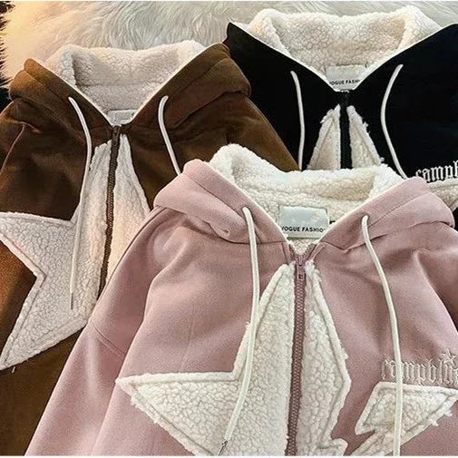 Star Hoodie American Style Retro Jackets Five Pointed Plush Thickened Lamb Wool Coat Women Autumn and Winter Loose Lazy Style Street King Limited