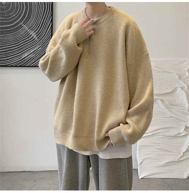 2023 Autumn Crew Neck Solid Color Pullover Sweaters For Men Casual Y2K Knitted Sweater High Street Fashion Jumpers Hombre Street King Limited