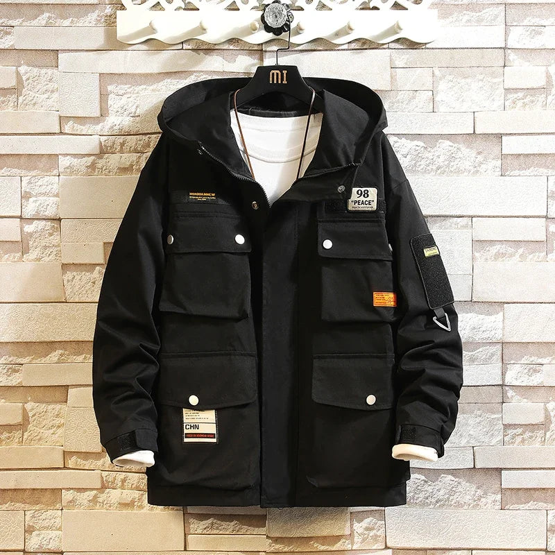 men jacket multi pockets hooded outwear korean fashion patch jackets zipper coats retro techwear oversize men clothing clean everyday pants