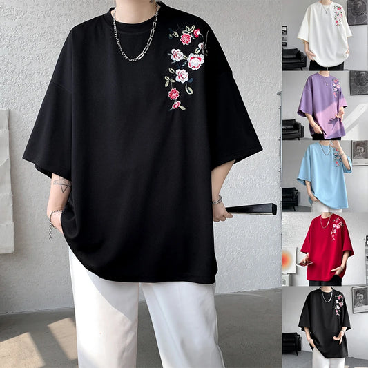 Summer Embroidered T Shirt Men Casual Flower T Shirt Men Streetwear Hip Hop Loose Short Sleeved T-shirt Mens Top Large Size 5XL Street King Limited