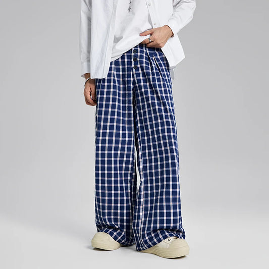 men women american streetwear fashion loose plaid wide leg straight pant boyfriend button down sports casual pants trousers menswear bottoms