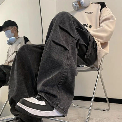 spring and autumn high street men and women trendy american washed straight leg jeans couple american loose retro casual pants denim street jeans