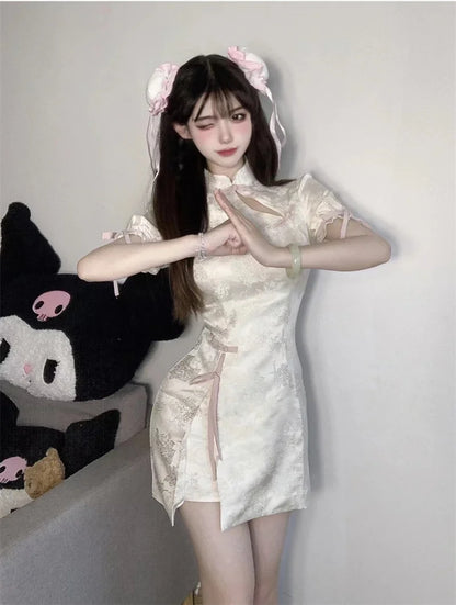 Vintage Chinese Style Cheongsam High Split Mini Dress 2024 Tie Dye Gothic Women Aesthetic Bandage Dresses Y2k Sexy Bodycon Robe Street King Limited
