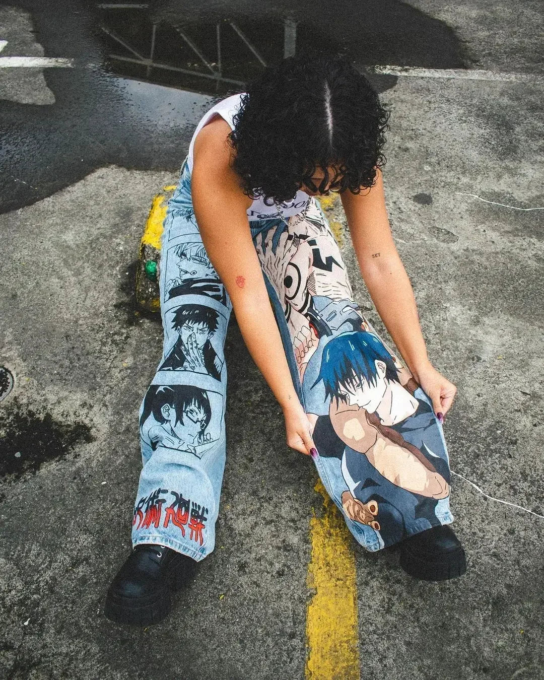 harajuku many ghost faces print y2k men s jeans popular anime baggy jeans wide leg pants streetwear trouser men clothing unique jeans style 4511
