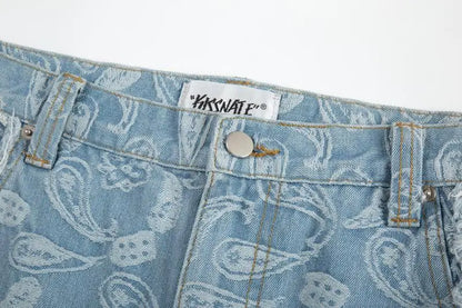 vintage high street washed light blue flared jeans cashew flower jacquard pattern rough edge jeans pants for men and women unique jeans style 926