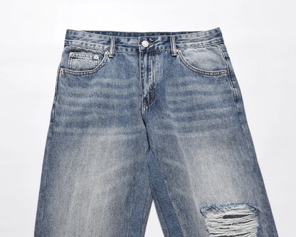 Contrast Color Hole Washed Blue Jeans for Men Streetwear Loose Ripped Flare Pants Frayed Retro Casual Oversized Denim Trousers Street King Limited