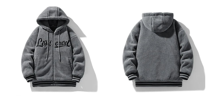 men fleece jackets and coats casual letter embroidery hairy zipper hooded outerwear warm streetwear parkas loose bomber jacket unique default style 3469