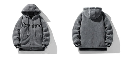 men fleece jackets and coats casual letter embroidery hairy zipper hooded outerwear warm streetwear parkas loose bomber jacket unique default style 3469