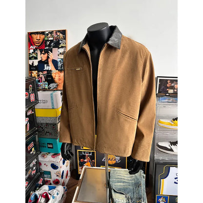 2025 american streetwear retro leather collar bomber jacket men loose casual fashion short cargo jacket spring autumn coat unique cargo style 456