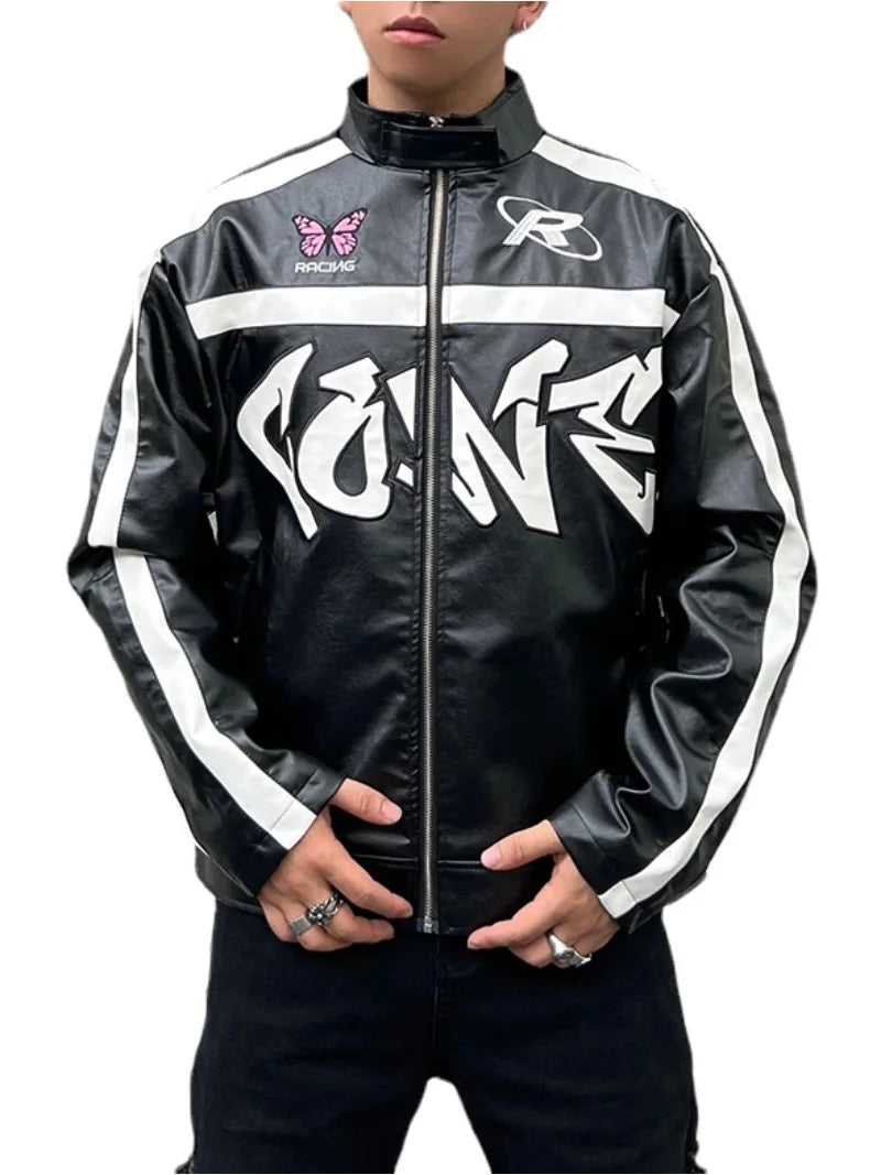 men racing jackets fashion letter embroidery patchwork jacket coats hip hop pu lether outerwear autumn casual streetwear jackets menswear bottoms