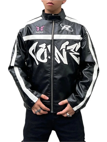 men racing jackets fashion letter embroidery patchwork jacket coats hip hop pu lether outerwear autumn casual streetwear jackets menswear bottoms