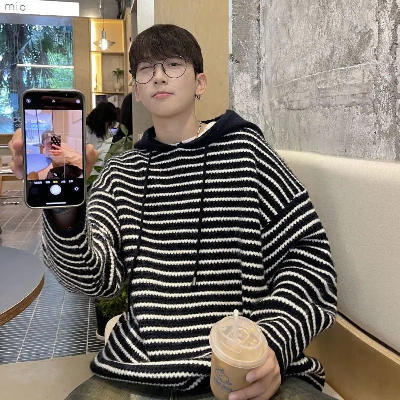Y2K Striped hooded sweater for men and women autumn and winter American retro trend couple lazy loose and casual knitted top Street King Limited