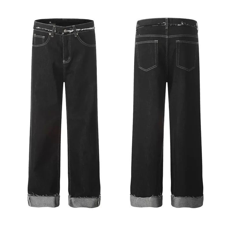 men women streetwear fashion loose casual wide leg straight black denim jeans pant boyfriend y2k baggy jeans trousers ripped baggy denim