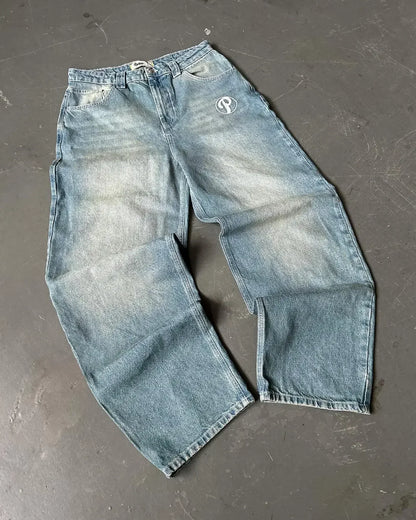 Y2K Mens Pants Letter Embroidered Retro Blue Loose Jeans High Waist Wide Leg Pants Harajuku Hip Hop Protect Streetwear Jeans Street King Limited