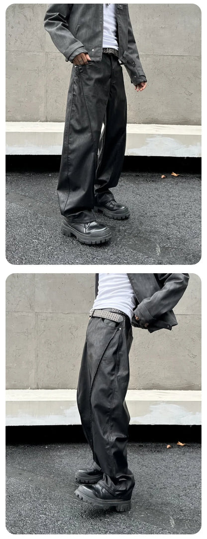 men streetwear fashion hip hop loose casual wide leg leather baggy motorcycle pant cityboy cargo pants trousers unique cargo style 2462