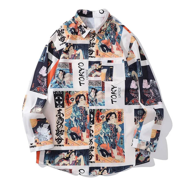 Japanese Retro Ukiyo-e Painting Graphic Printed Long Sleeve Shirts for Men Autumn Fashion Oversized Lapel Single Breasted Shirt Street King Limited