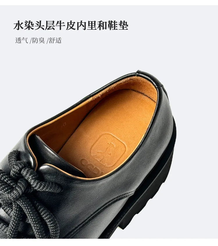 Men High Quality Genuine Leather Streetwear Fashion Casual Hip Hop Derby Shoes Cow Leather Rubber Foam Sole High Heels Shoes Street King Limited