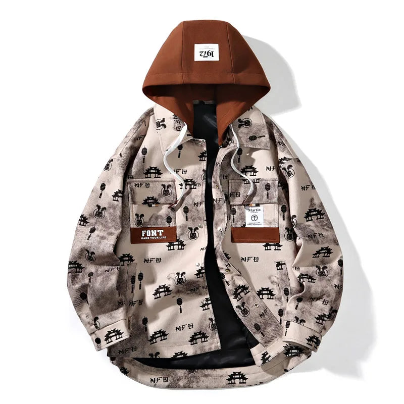 full print jackets for men spring autumn new colour clash hooded coat chest pockets design y2k jackets large size hip hop clean everyday pants
