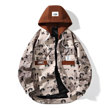 full print jackets for men spring autumn new colour clash hooded coat chest pockets design y2k jackets large size hip hop clean everyday pants