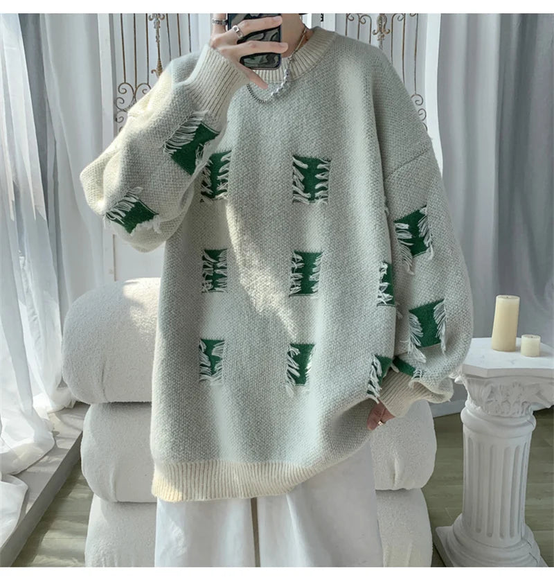 2025 New Ripped Design Crewneck Sweater For Men High Street Patchwork Knitted Jumpers Y2K Vintage Christmas Knitwear Pullovers Street King Limited
