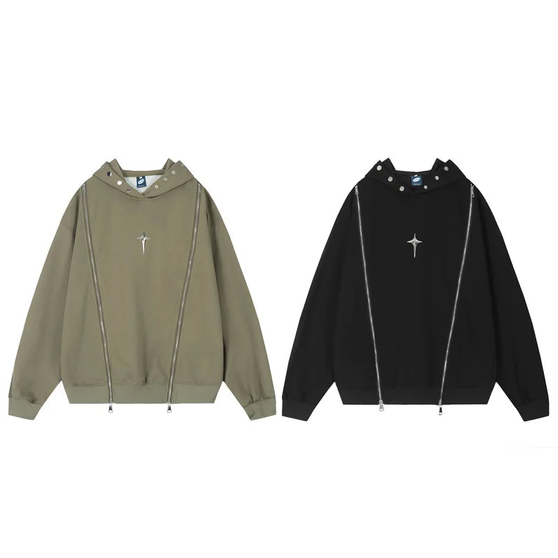 Hip Hop Punk Hoodie Sweatshirt 2023 Autumn Zipper Design Solid Color Hoodies Pullover Harajuku Cotton Sweat Shirt Street King Limited