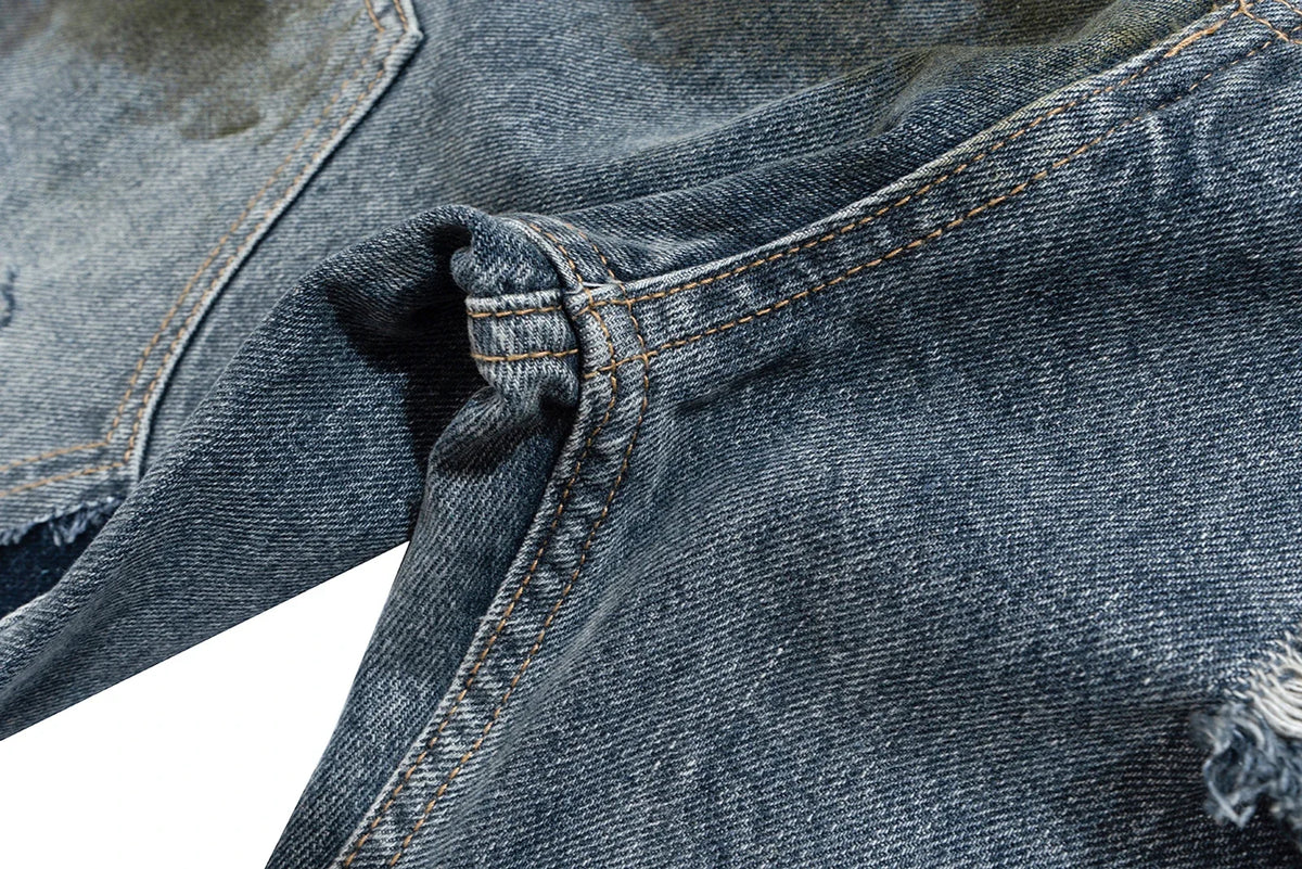 Streetwear Handmade Mud Dyed Dirty Blue Baggy Jeans for Men Distressed Hole Casual Patchwork Denim Trousers Oversized Street King Limited