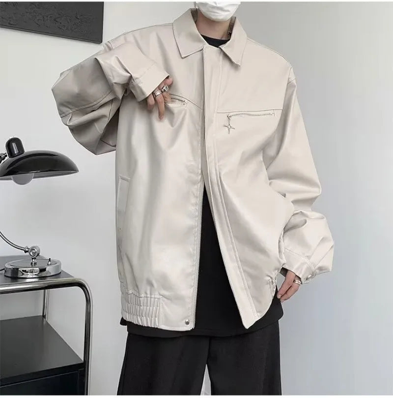 retro motorcycle pu leather jacket mens high street punk zipper decoration loose coats unisex hip hop fashion outwear spring unique default style 2040
