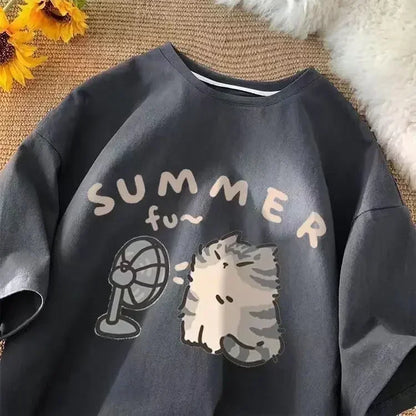 American Street Creative Blow Fan Cat Print Cotton T-shirt for Men and Women Summer Y2K Loose Couple Wear Round Neck INS Top Street King Limited