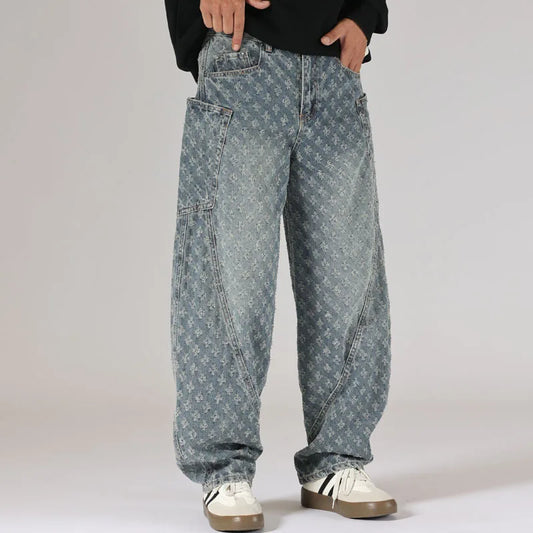men brand fashion loose casual splice pocket jacquard vintage wide leg baggy jeans cityboy denim baggy jeans pants trousers vintage washed jeans