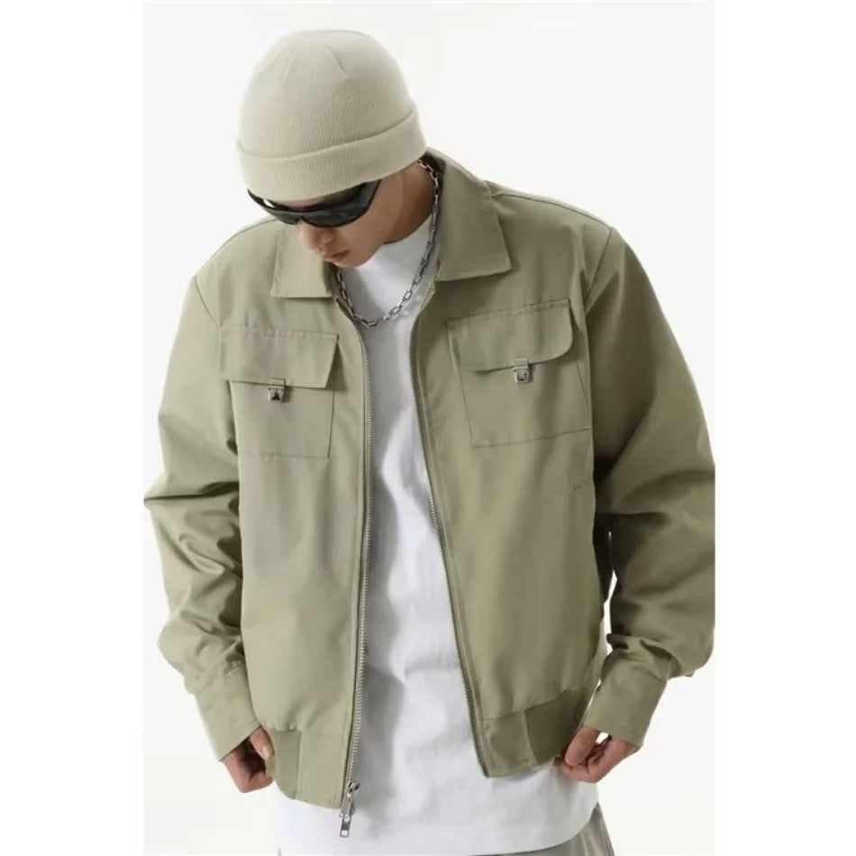 high street tooling bomber jacket mens spring retro double pocket loose short pilot coats lapel zipper khaki baseball jersey unique shorts style 3199