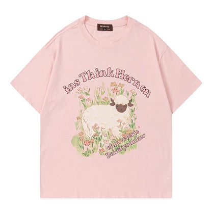 Trendy retro casual couple loose fitting lamb print graphic T-shirt summer men and women street short sleeved top harajuku y2k Street King Limited