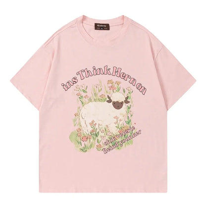 Trendy retro casual couple loose fitting lamb print graphic T-shirt summer men and women street short sleeved top harajuku y2k Street King Limited