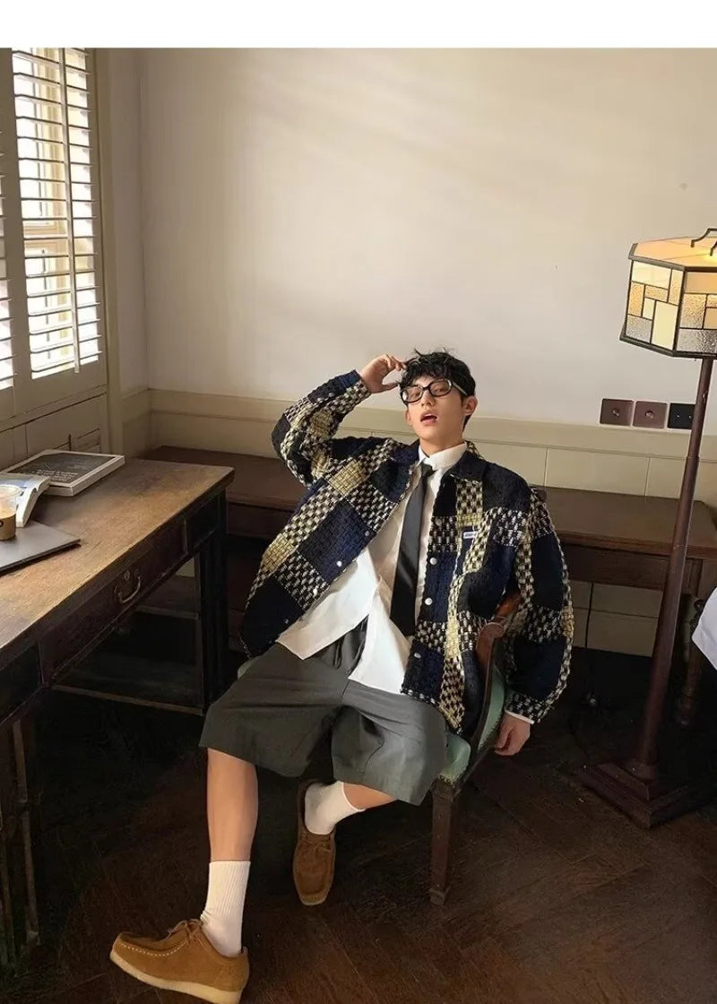 high street lattice mens jackets woven fabric single breasted loose harajuku shirt coats letter embroidered casual male tops unique default style 1823