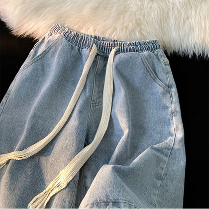 American denim shorts men's summer thin denim shorts elastic waist loose American retro high street pants men clothing y2k tops Street King Limited