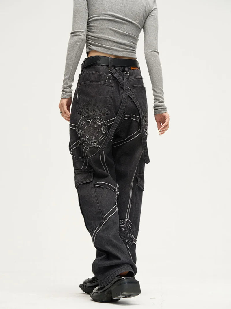 punk belt denim jeans pants women harajuku streetwear side pocket cotton men unisex casual baggy joggers straight pants trousers relaxed fit joggers