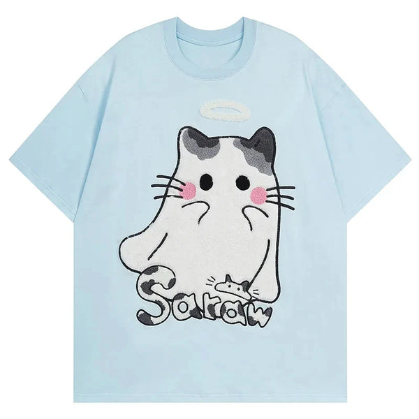 Men T Shirts Cartoon Cat Embroidered Short Sleeve Tshirt Japanese Preppy Style Loose Couple Tee Tops 4 Colors Optional Street King Limited