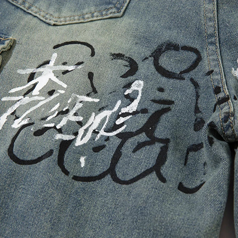 Men Jeans Graffiti Print Multiple Pockets Denim Trousers Harajuku Vintage High Waist Straight Cargo Pants Y2k Streetwear Unisex Street King Limited