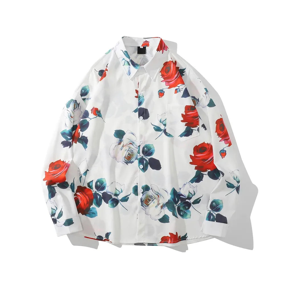 Dark Icon Floral Loose Men's Shirt Long Sleeve Autumn Oversized Shirt Man Black White Street King Limited