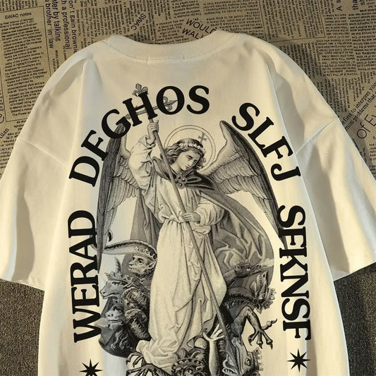 Summer Fashion Retro Gothic Print Men T-shirt Top Fashion Cotton Loose Harajuku Couple Hip Hop Y2K streetwear Short Sleeve Street King Limited