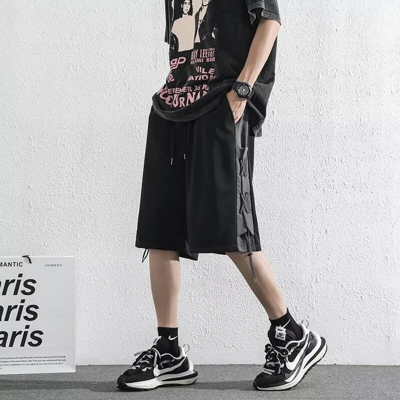 mens stitching rope athletic shorts drawstring breathable patchwork short pants summer outdoor streetwear y2k bermudas hombre techwear shorts